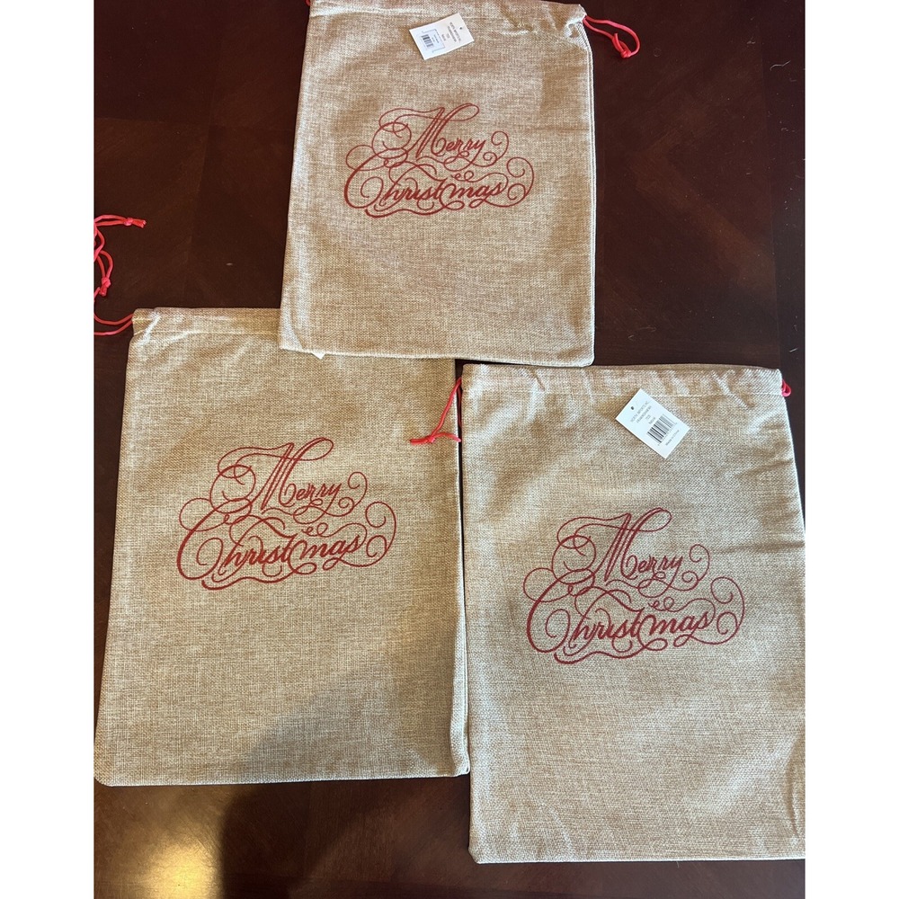 Worth Imports 12" X 17" Merry Christmas Linen Bag, Set of 3,